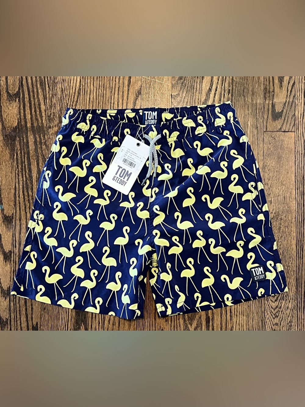 Tom & Teddy Navy Blue Swim Shorts with Yellow Flamingo Print